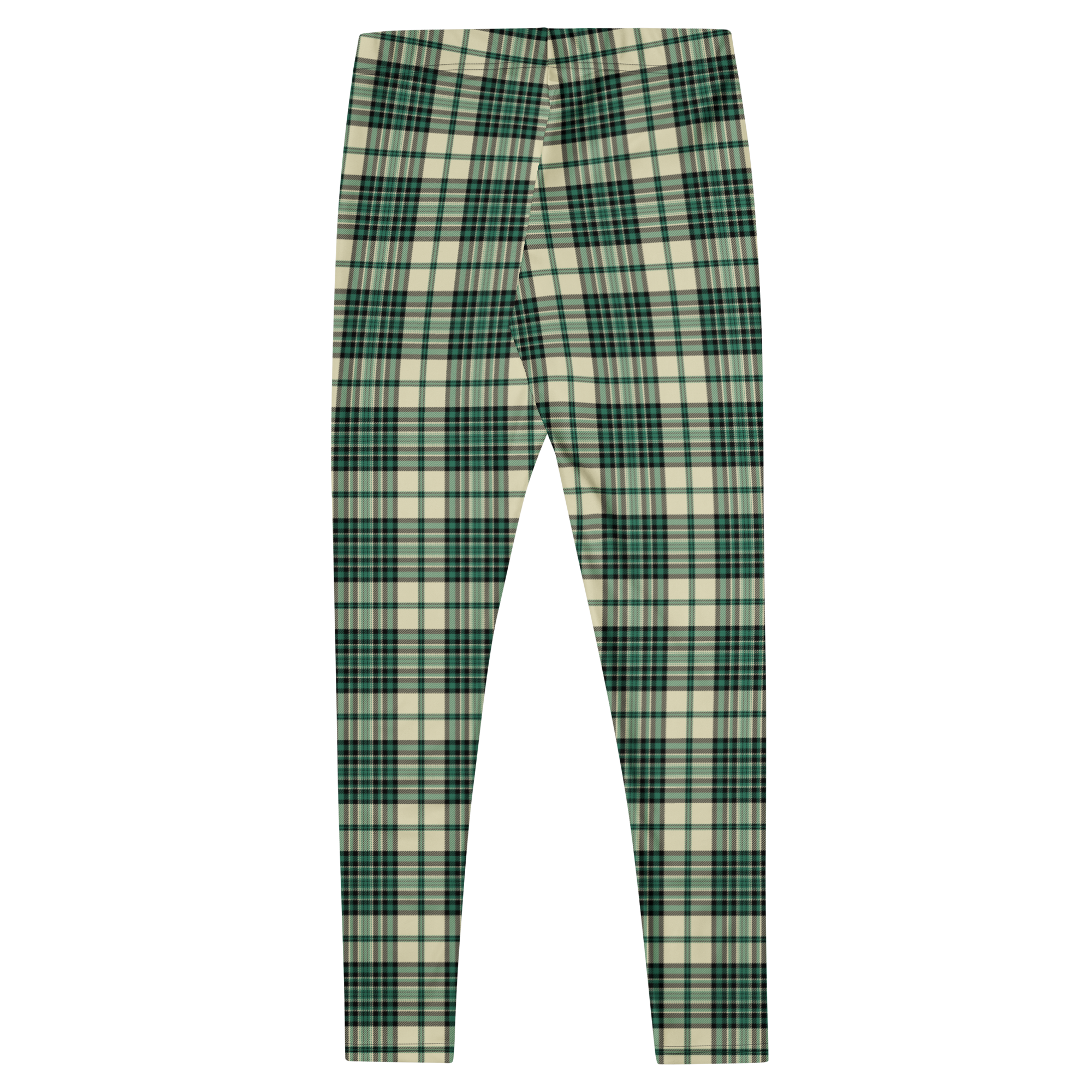 Designed by Studio YéYé —  green and cream tartan leggings for punk, trad and alt style. Soft palette, serious edge.