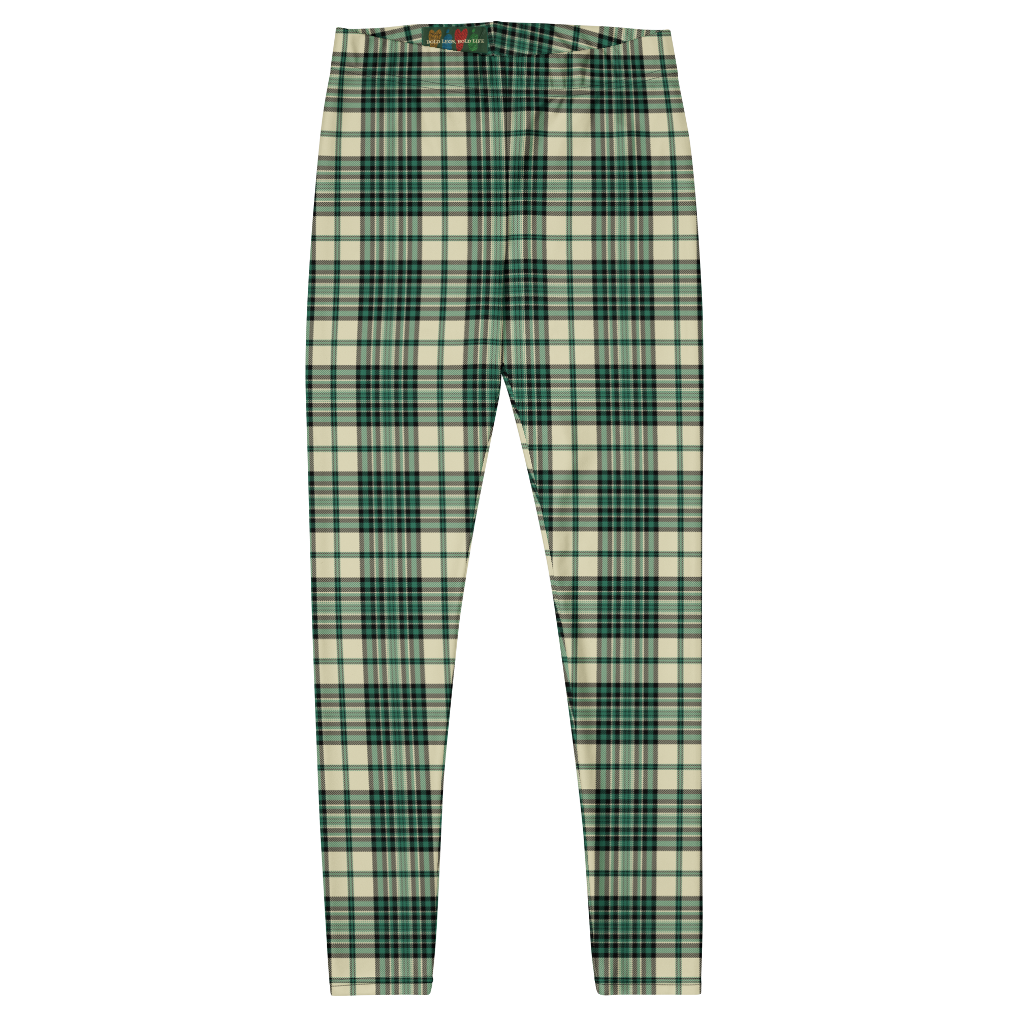 Designed by Studio YéYé —  green and cream tartan leggings for punk, trad and alt style. Soft palette, serious edge.