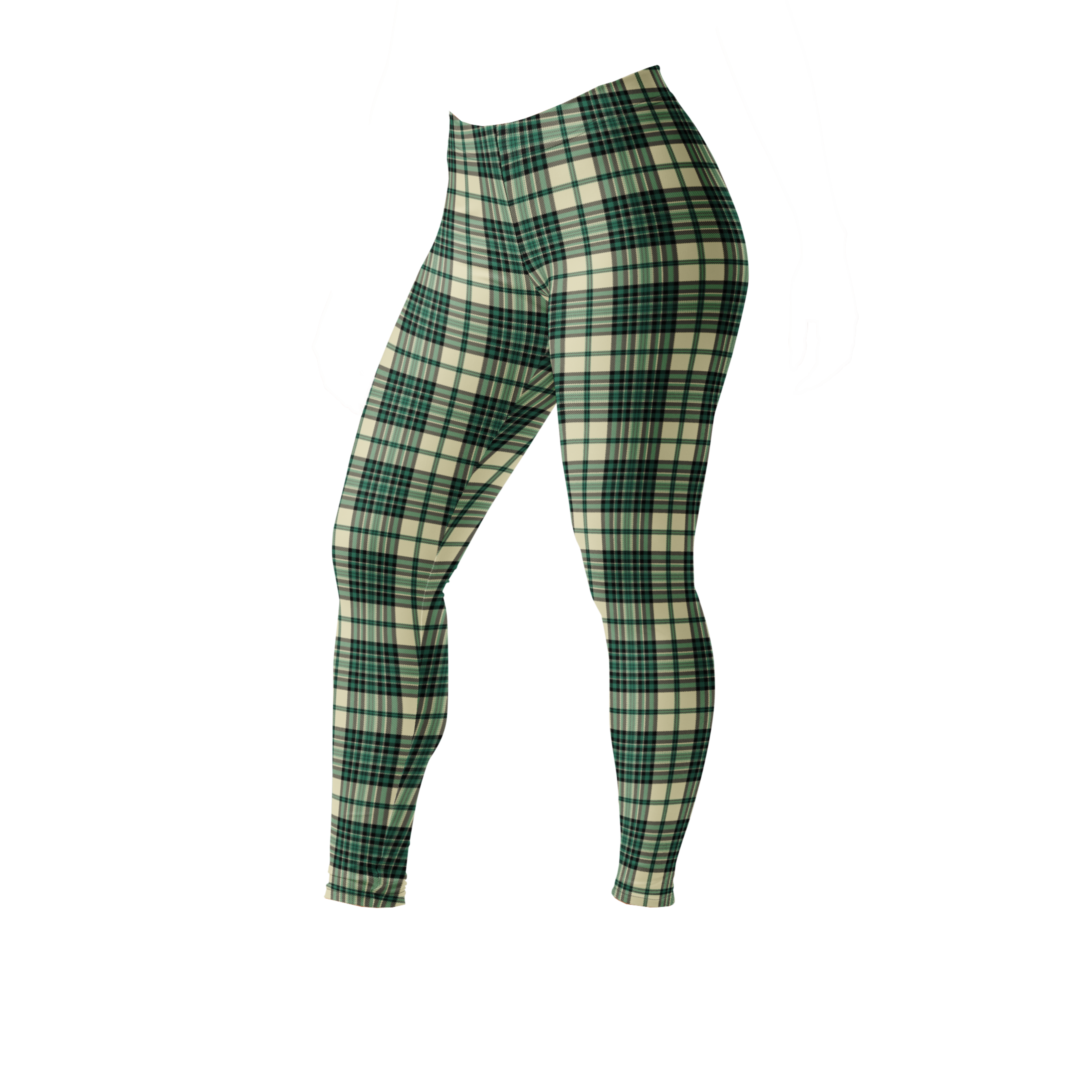 Designed by Studio YéYé —  green and cream tartan leggings for punk, trad and alt style. Soft palette, serious edge.