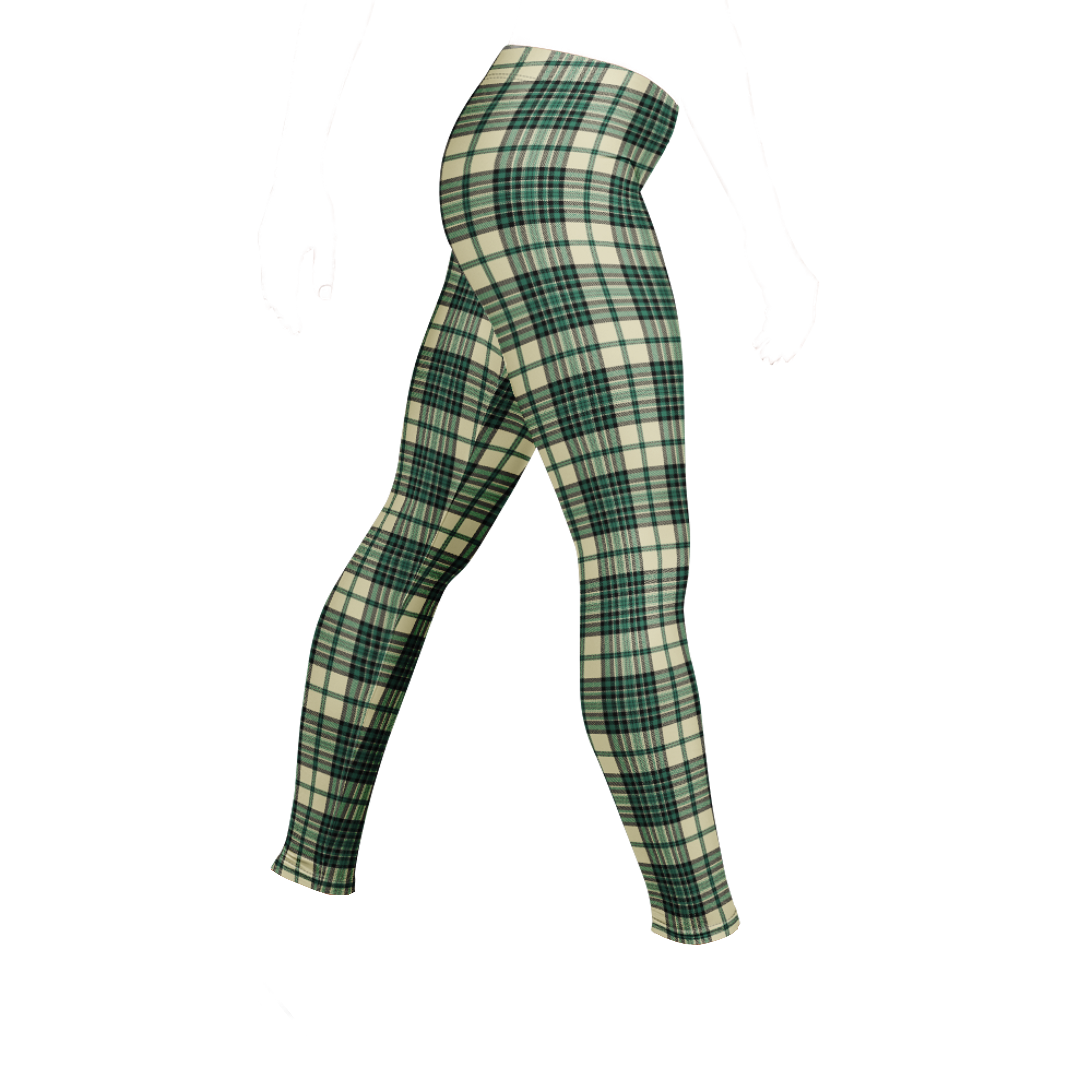 Designed by Studio YéYé —  green and cream tartan leggings for punk, trad and alt style. Soft palette, serious edge.