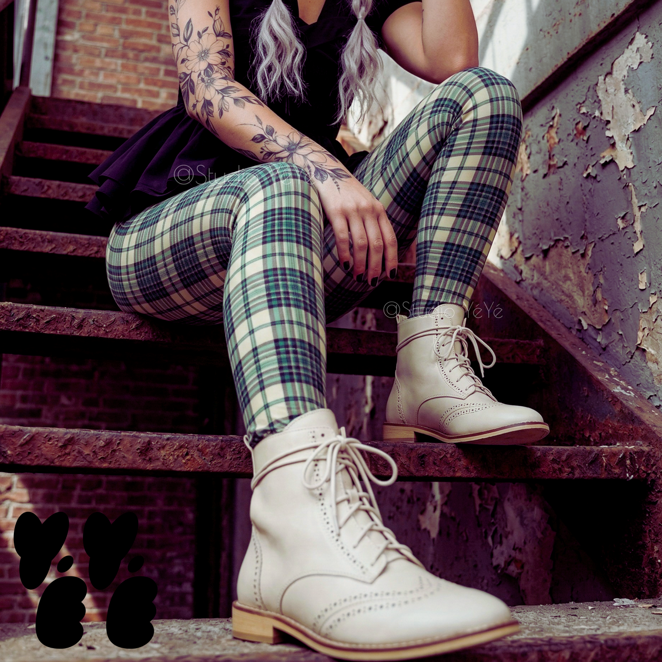 Green and cream tartan plaid leggings by YéYé, styled with a black mini skirt and cream lace-up brogue boots on rusty metal stairs