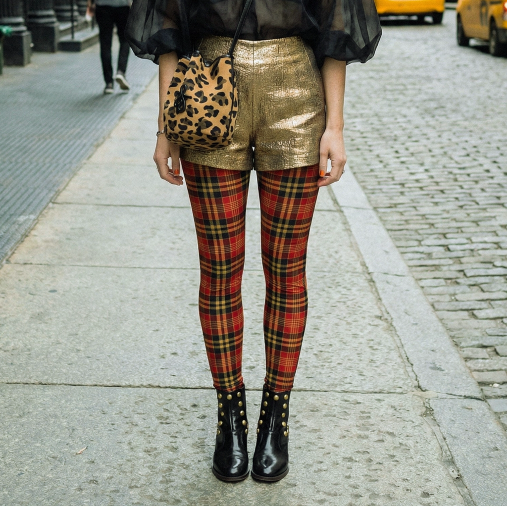 Retro red tartan plaid leggings by YéYé, styled with a black chiffon shirts, gold shorts, leopard bag with black patent leather studs boots at Soho in NYC.