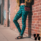Vintage Hawaiian large floral print leggings in teal blue and black by YéYé, styled with a black sports bra on the beach with a surfboard