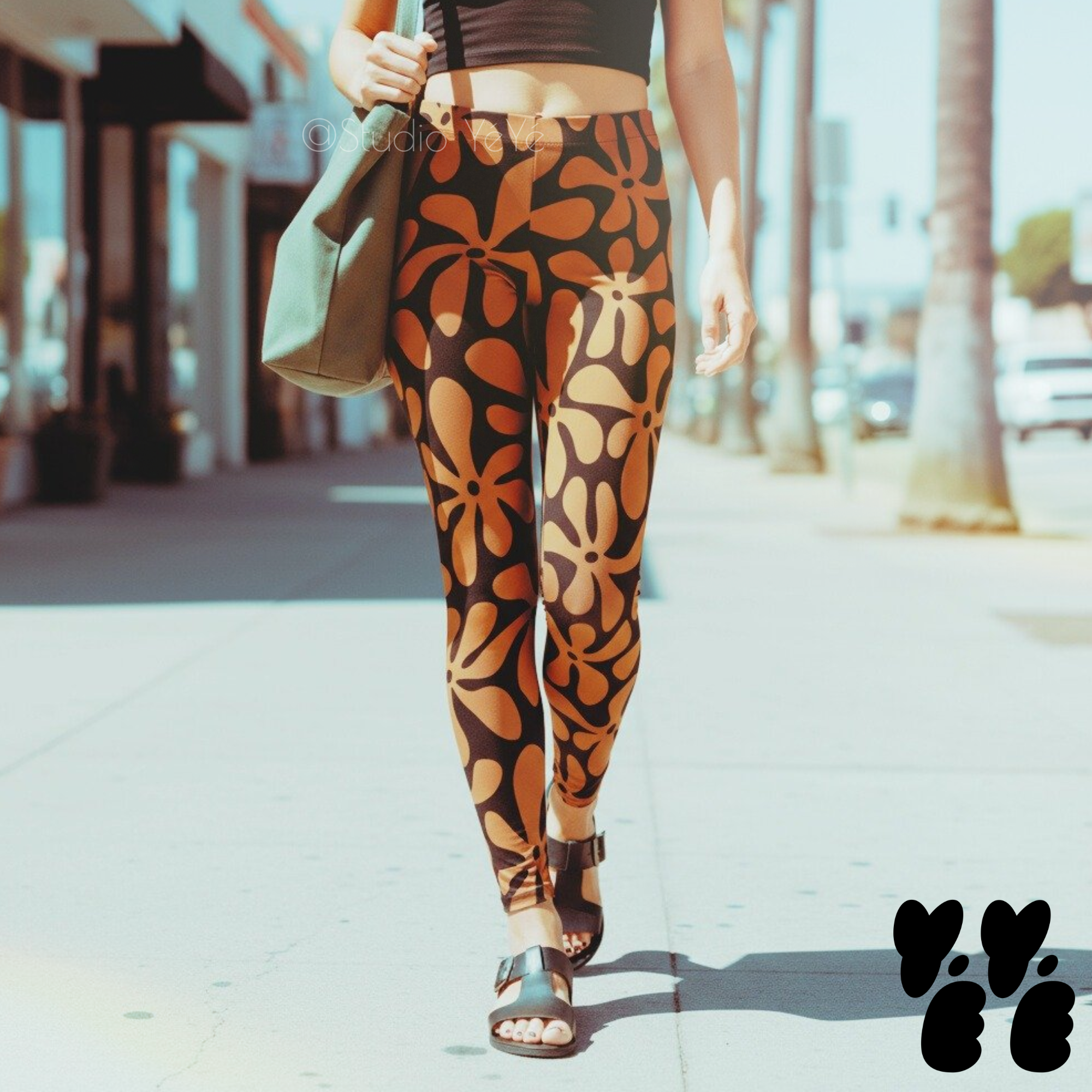 Vintage Hawaiian large floral print leggings in terracotta brown and black by YéYé, walking to pilates studio at venice beach.