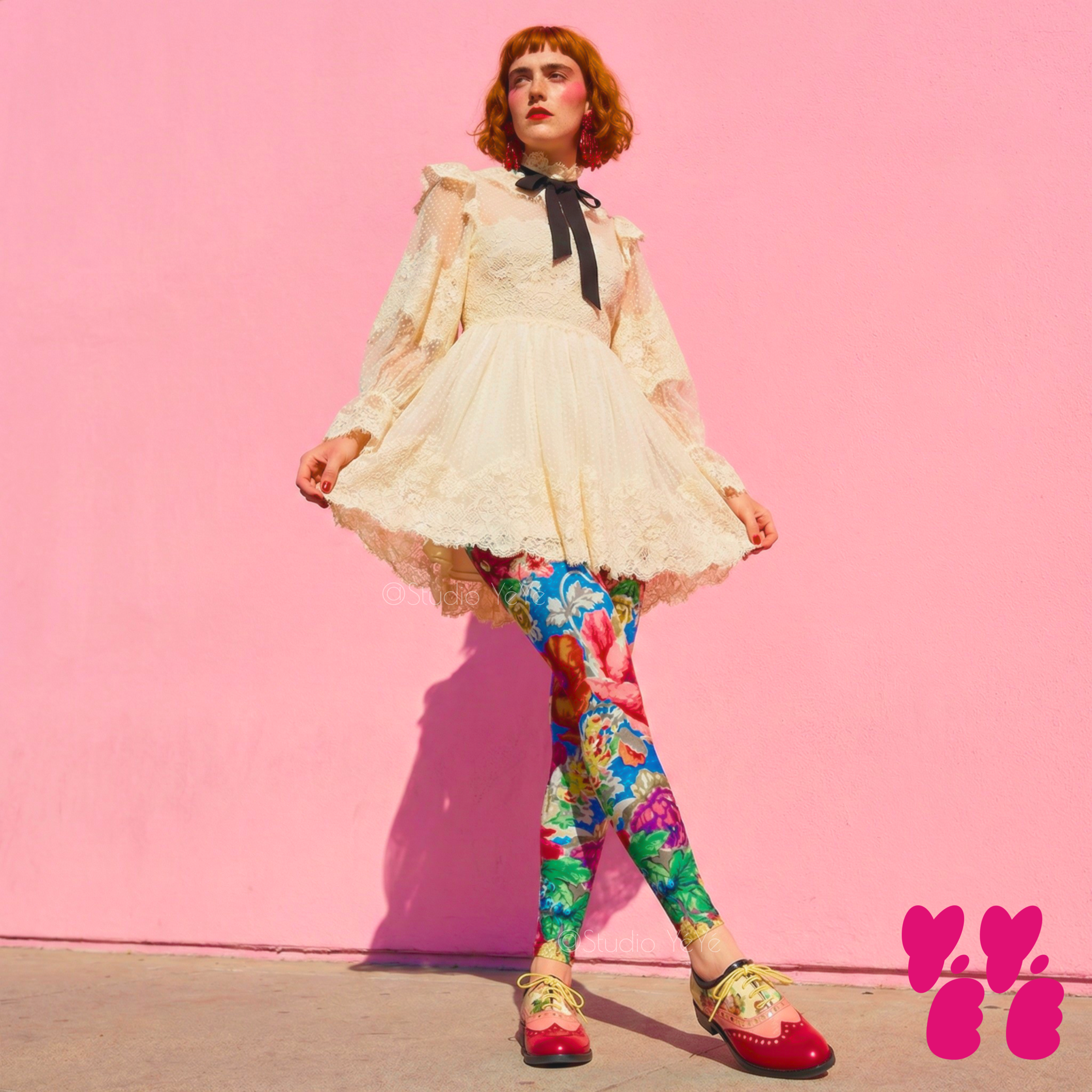 Vintage Rococo floral print leggings by YéYé in vibrant blue, red and green, styled with a cream lace mini dress, black ribbon choker and two-tone oxford shoes against a pink wall