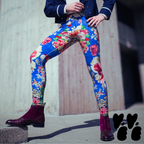 A male model wears gothic rococo floral printed leggings for men with vintage wine red short boots, black manicure and vintage opera jacket