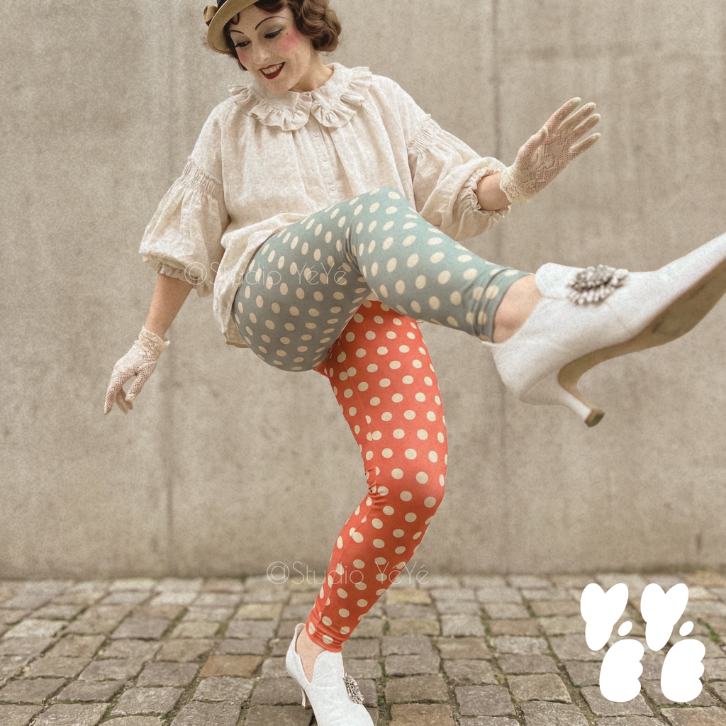 Mismatched polka dot leggings in sage green and terracotta by YéYé, styled with a cream ruffle blouse, lace gloves, beige beret and jewelled kitten heels on cobblestone