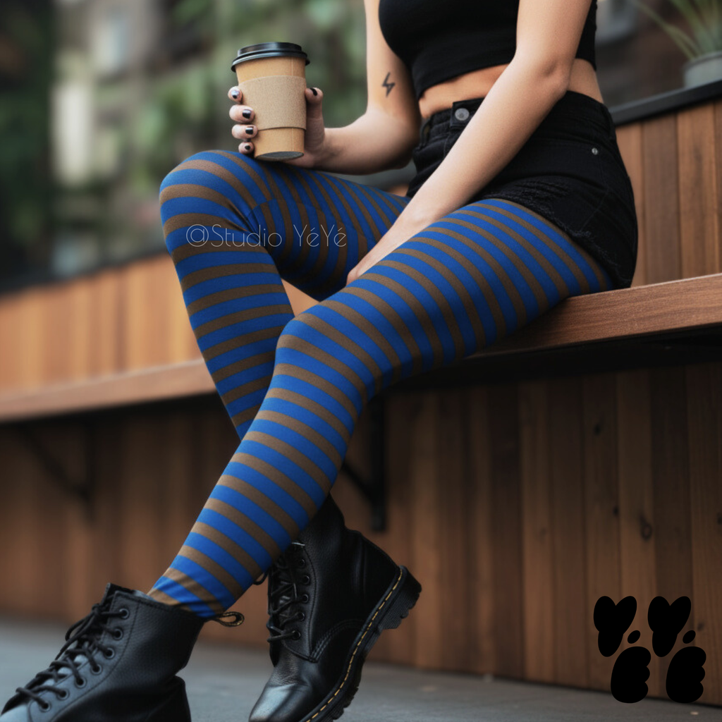 Brown and navy horizontal stripe leggings by YéYé, styled with a black crop top, black denim shorts and black lace-up combat boots, holding a coffee cup