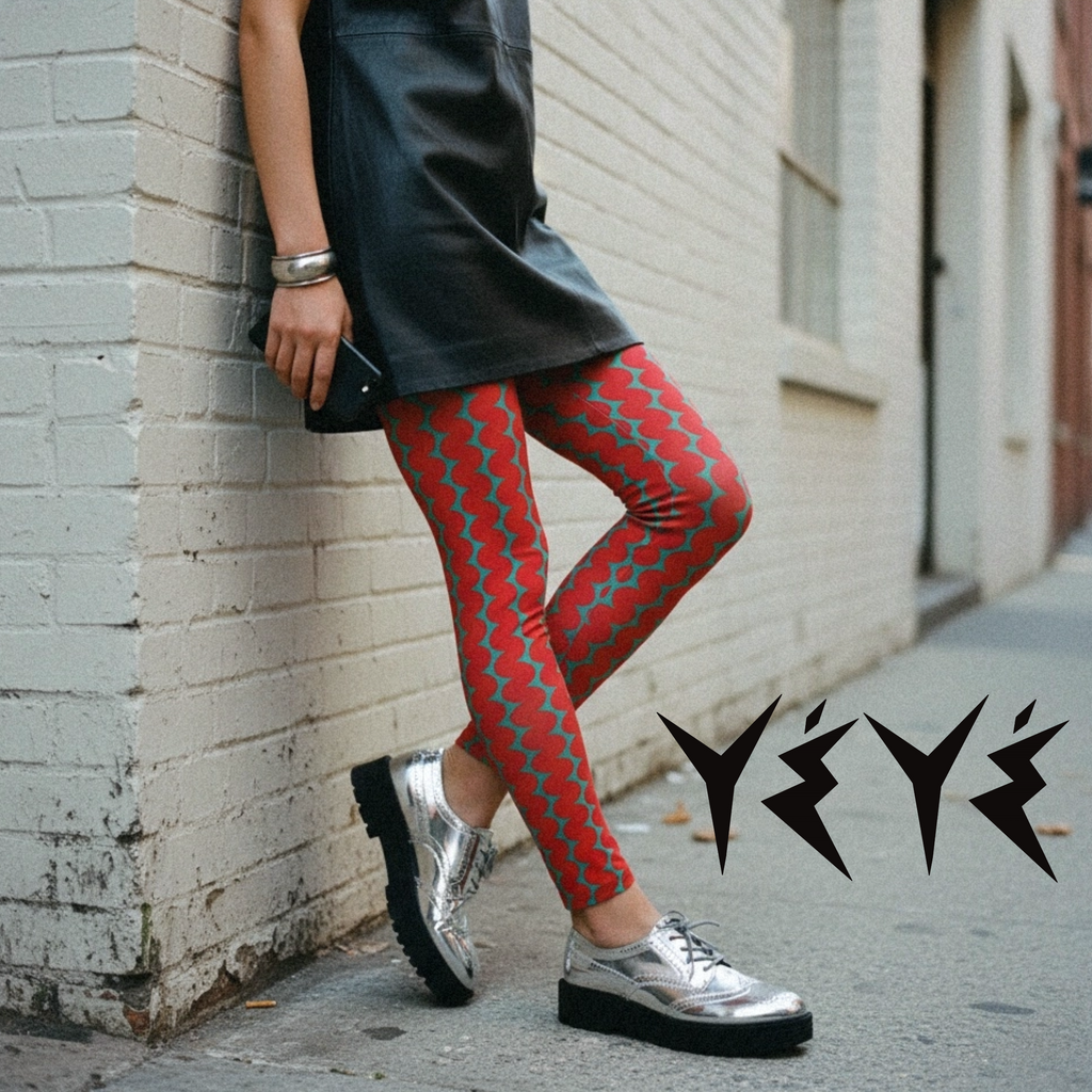 Red and teal wiggly stripe leggings by YéYé, styled with a black leather mini dress, silver cuff bracelet and silver metallic platform oxford shoes