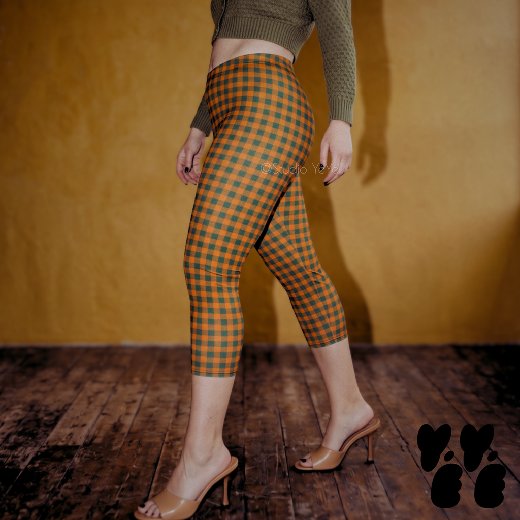 GINGAM LOVER Capri Leggings - Pumpkin and green