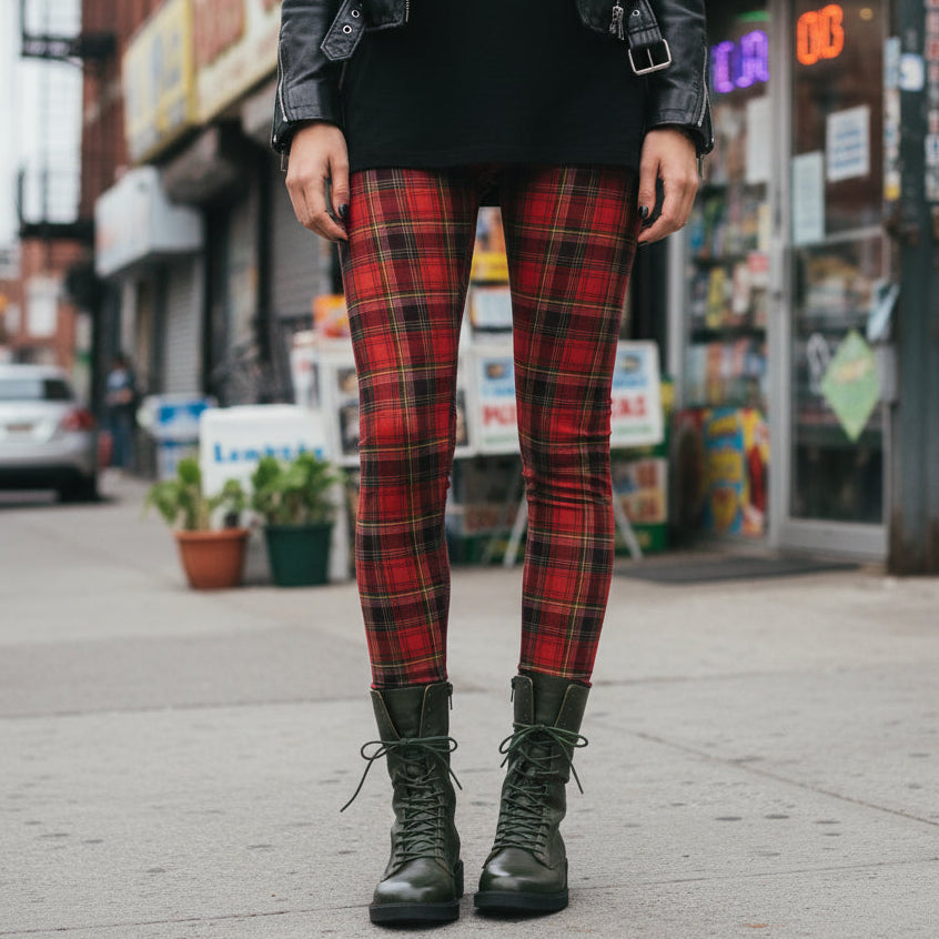 Red tartan plaid leggings by YéYé, styled with a black mini dress, black leather jacket and olive green lace-up combat boots on a city street
