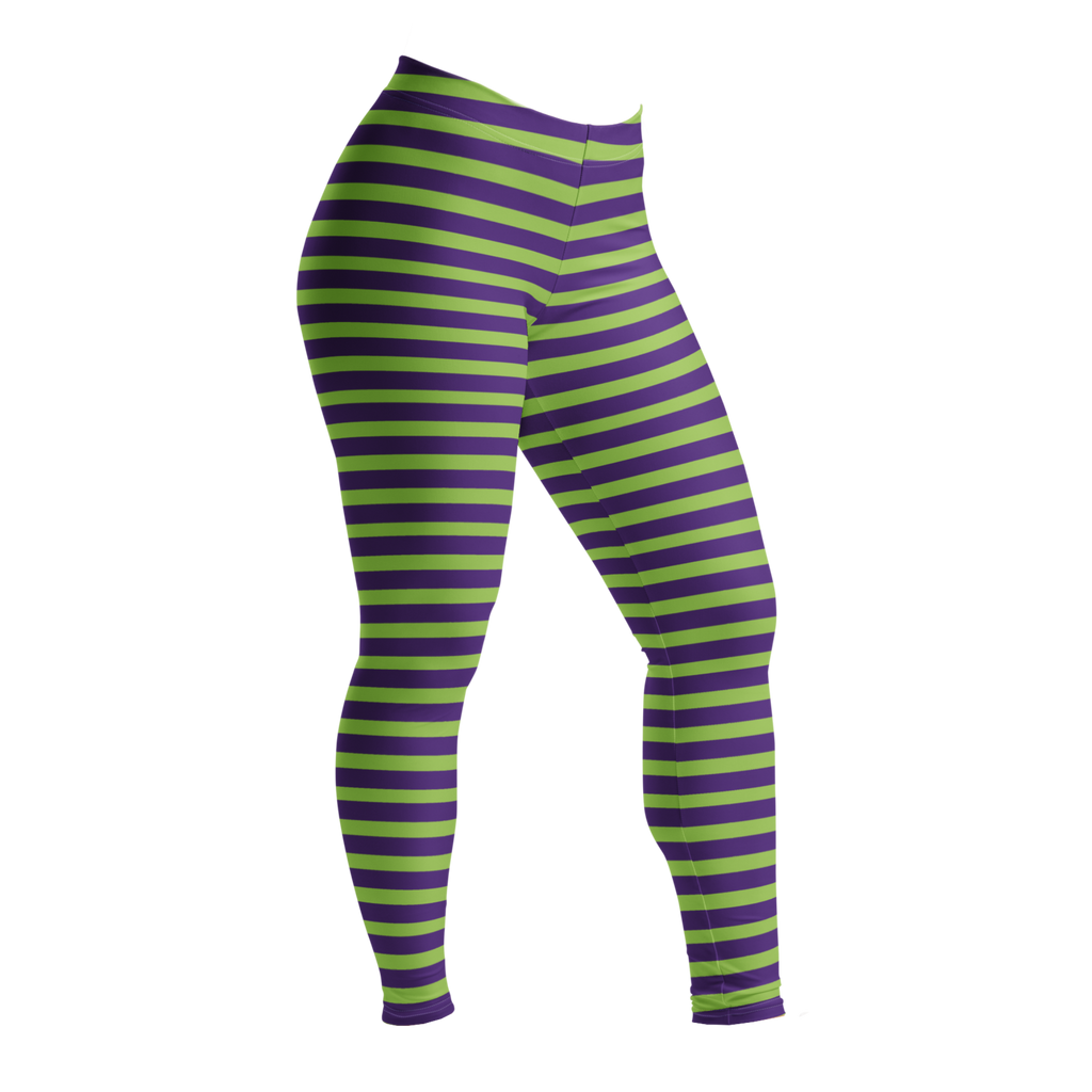 Stripe leggings Designed by Studio YéYé — lime and purple stripes for your inner villain. Halloween, goth and punk-ready. Recycled materials, UPF 50+, squat-proof. Free US/EU shipping.