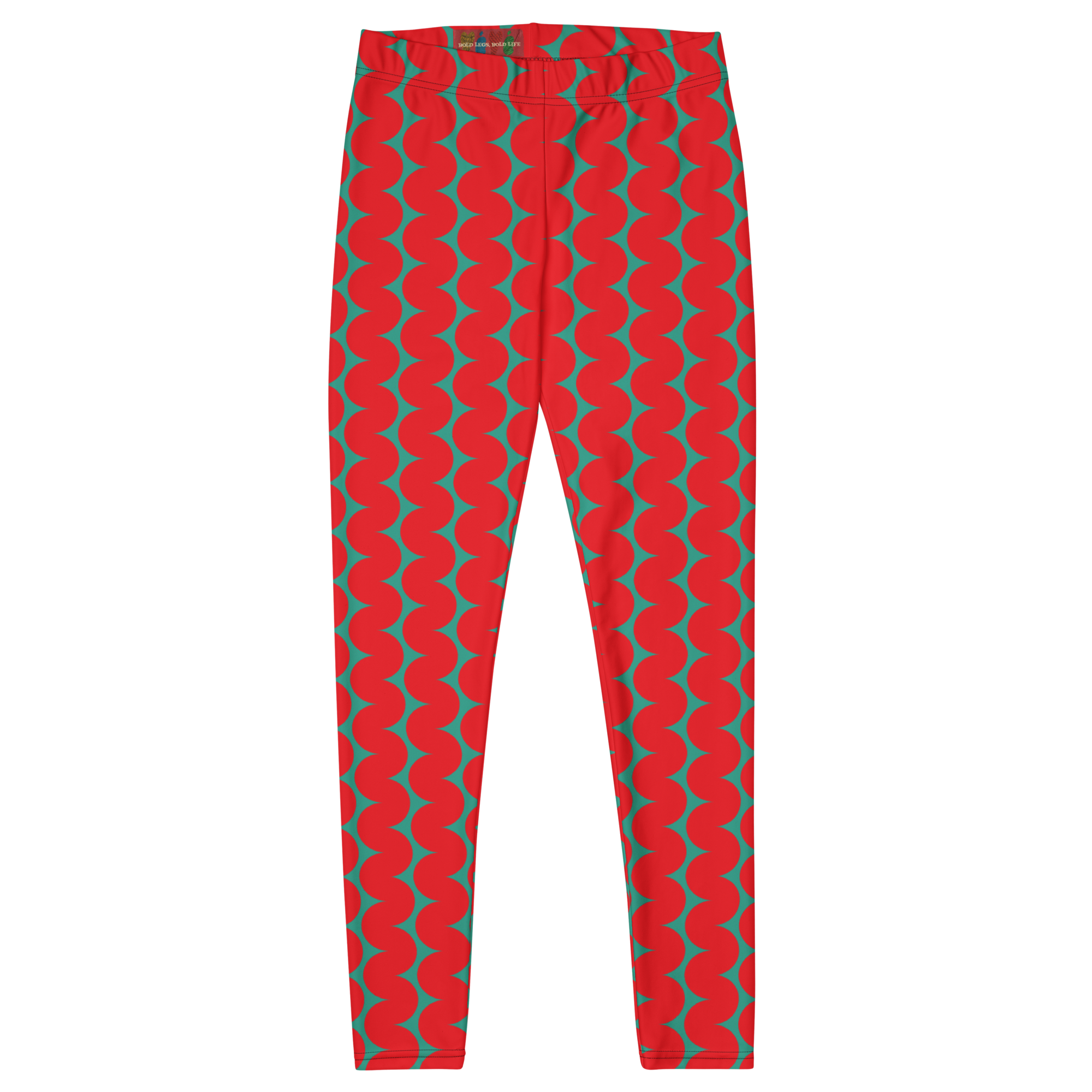 Designed by Studio YéYé — bold red and teal wiggly stripes, graphic and full of energy. Recycled materials, UPF 50+, squat-proof. Free US/EU shipping.